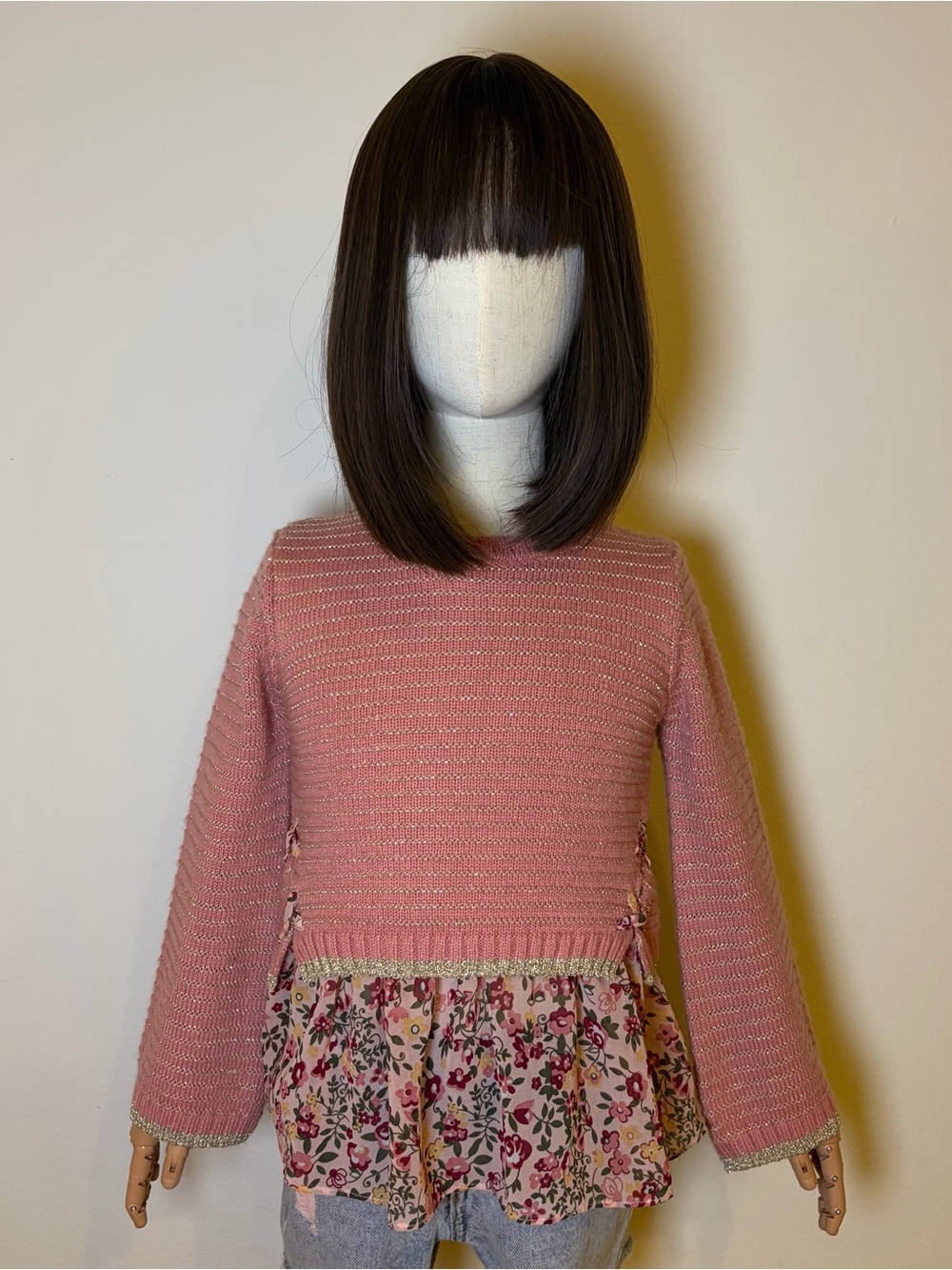Little Lass Pink Metallic Floral Layered Sweater Size 6